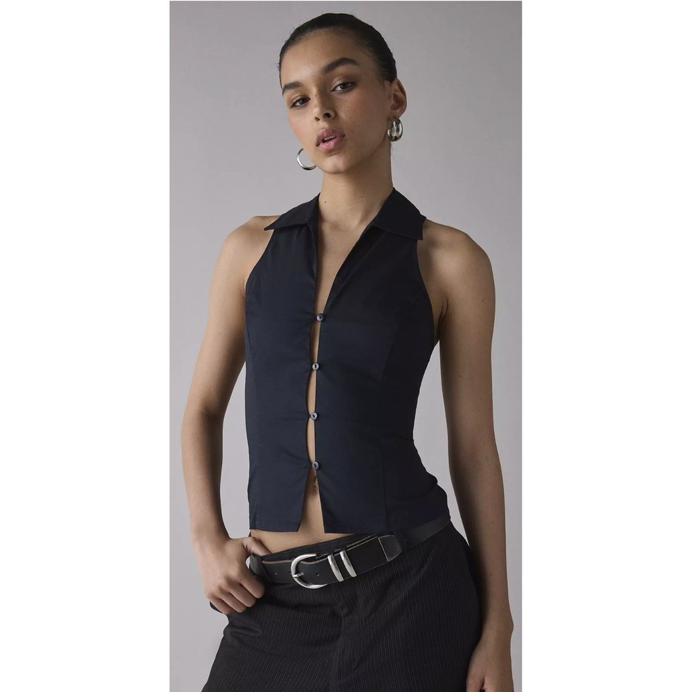 Urban Outfitters Party Girl Sleeveless Shirt Jet Black Small NWT Fitted Vest